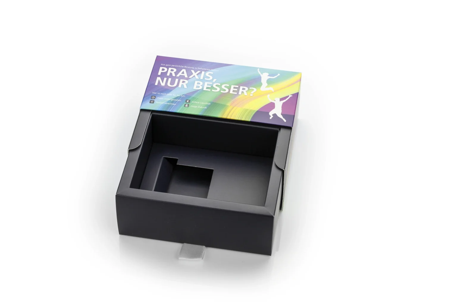 Schiebeschachtel vollständig geöffnet mit Produktfach